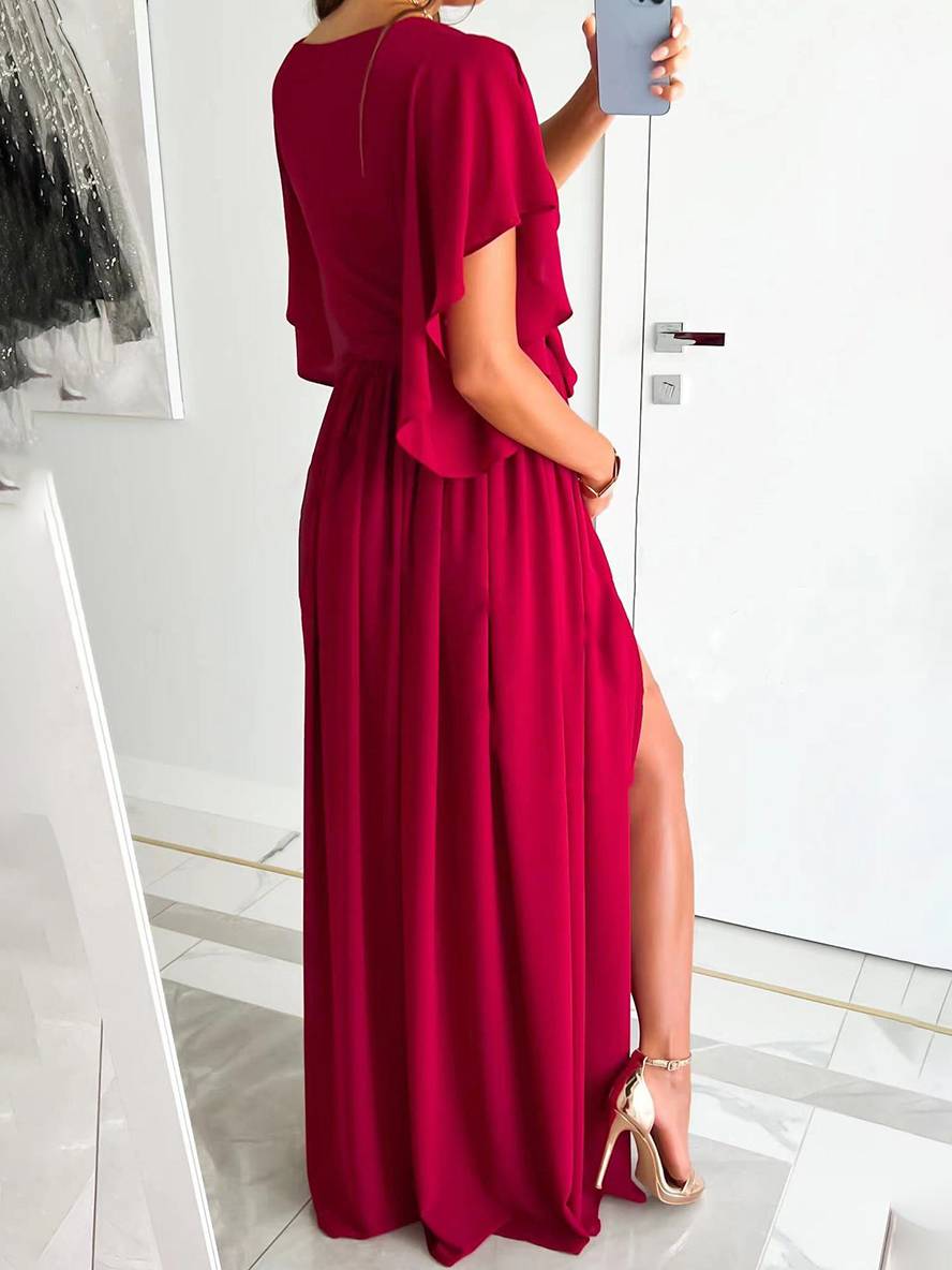 Cocolii robe longue v-cou fendu le côté fluide ceinture manches courtes femme élégant de soirée bal de promo